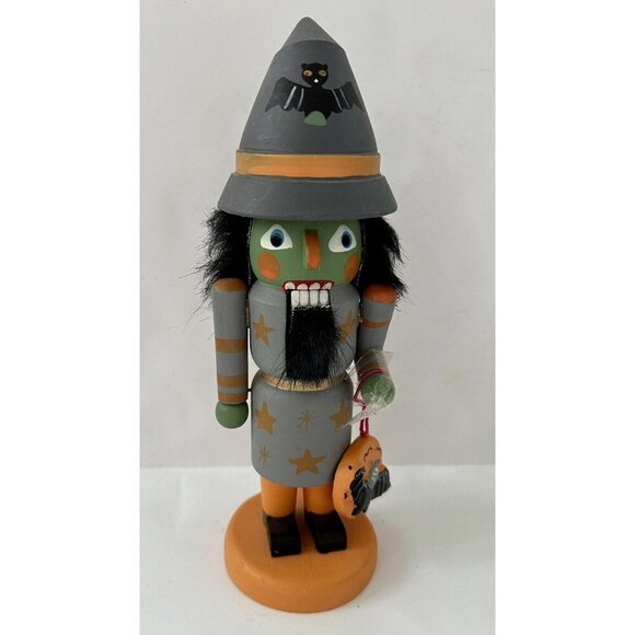 Vintage 9" Tall Halloween Nutcracker Gray Witch Green Face Holding Bat - Picture 2 of 3